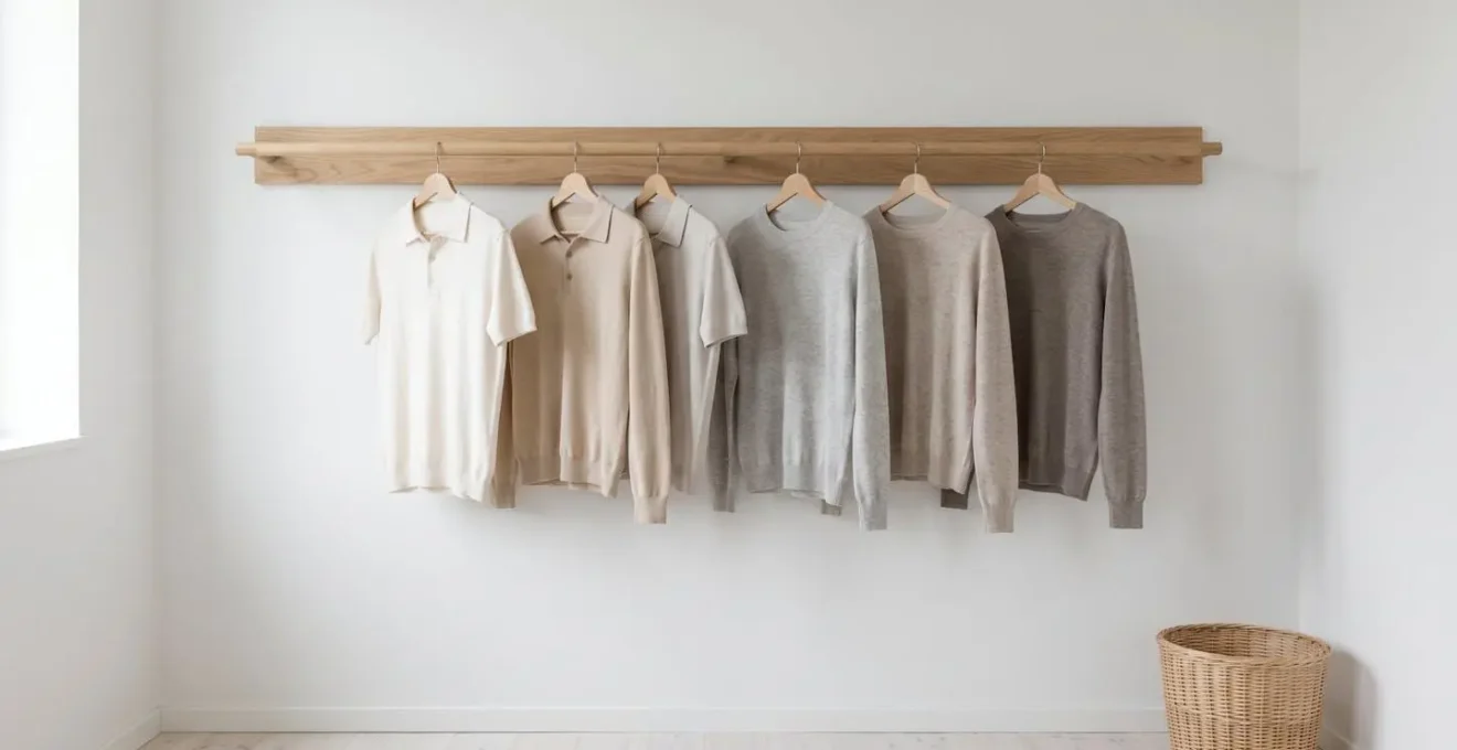 Photographie d'un dressing minimaliste scandinave avec portant en bois clair présentant une sélection de pièces en maille tricotée aux teintes naturelles neutres