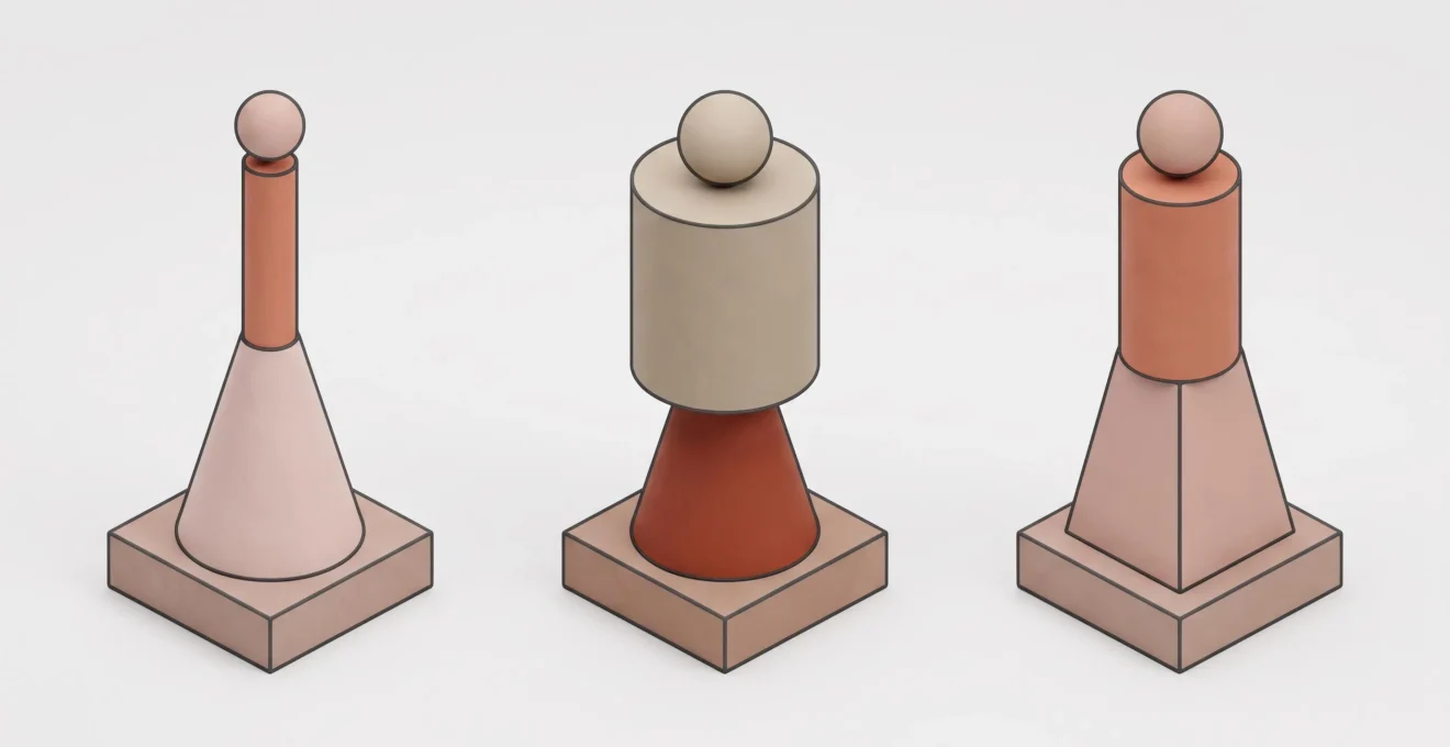 Illustration géométrique abstraite en 3D montrant trois compositions de formes cylindriques et coniques représentant différents équilibres de volumes vestimentaires