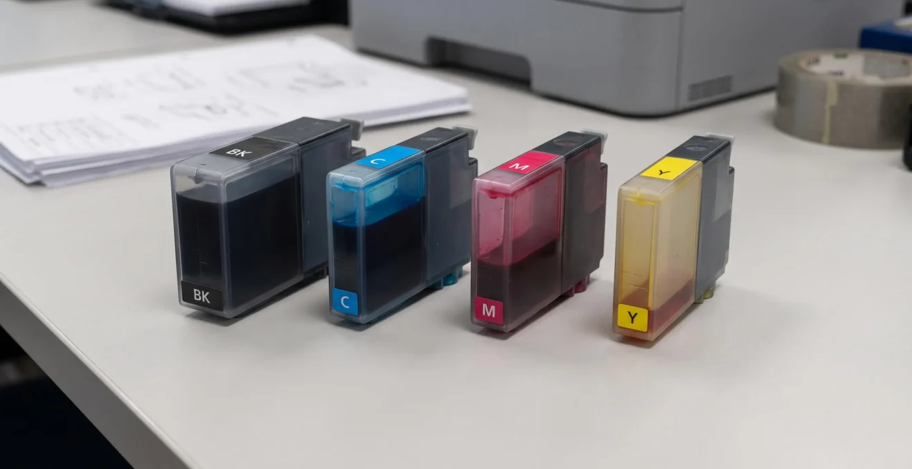 Plusieurs cartouches d'encre alignées sur une surface de travail montrant différents niveaux de remplissage d'encre